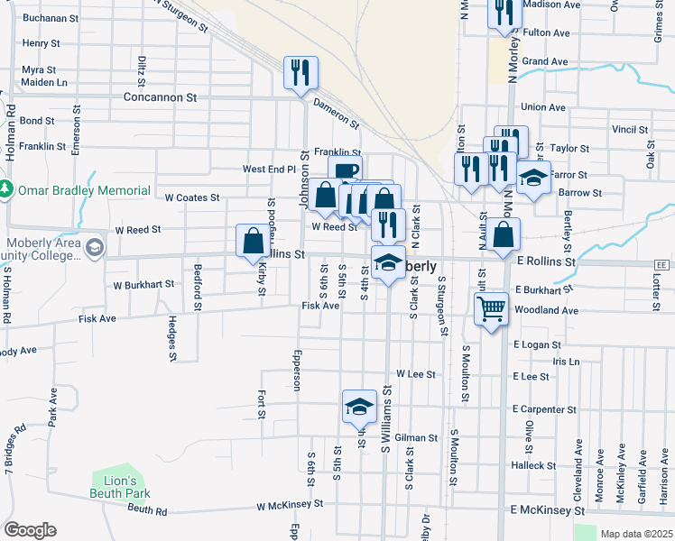 map of restaurants, bars, coffee shops, grocery stores, and more near 100-108 South 6th Street in Moberly
