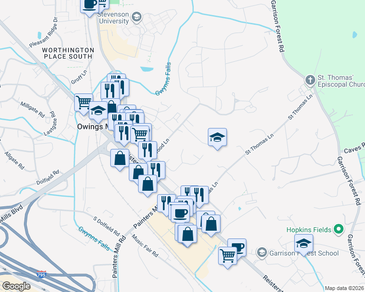 map of restaurants, bars, coffee shops, grocery stores, and more near 10 Harmon Road in Owings Mills