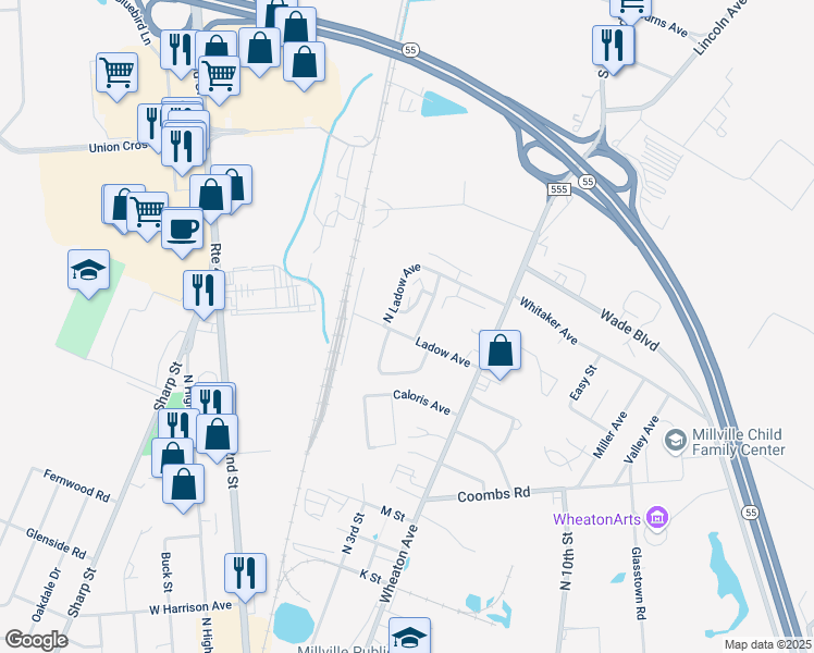 map of restaurants, bars, coffee shops, grocery stores, and more near 26 North Ladow Avenue in Millville