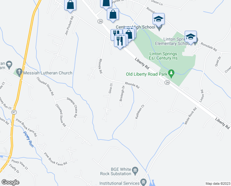 map of restaurants, bars, coffee shops, grocery stores, and more near 90 Gina Ct in Sykesville