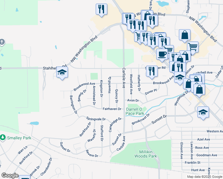 map of restaurants, bars, coffee shops, grocery stores, and more near 975 Quincy Drive in Hamilton
