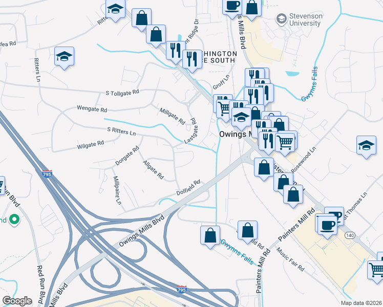 map of restaurants, bars, coffee shops, grocery stores, and more near 58 Lower Gate Court in Owings Mills