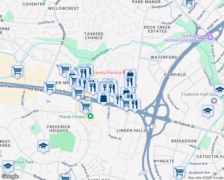 map of restaurants, bars, coffee shops, grocery stores, and more near 1003 West Patrick Street in Frederick