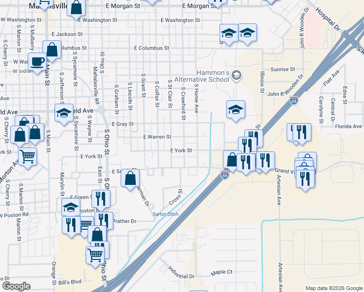 map of restaurants, bars, coffee shops, grocery stores, and more near 960 South Crawford Street in Martinsville