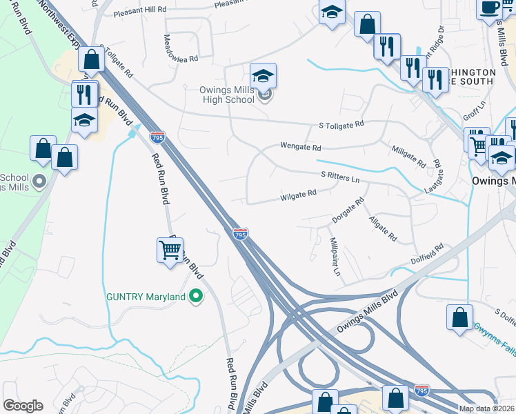 map of restaurants, bars, coffee shops, grocery stores, and more near 153 Wilgate Road in Owings Mills