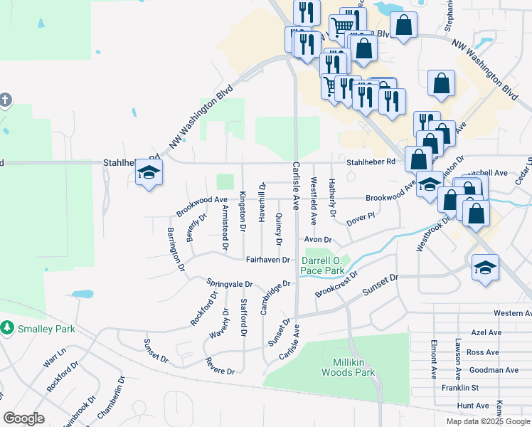 map of restaurants, bars, coffee shops, grocery stores, and more near 975 Quincy Drive in Hamilton