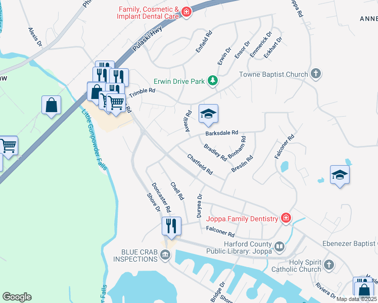 map of restaurants, bars, coffee shops, grocery stores, and more near 829 Chatfield Road in Joppatowne