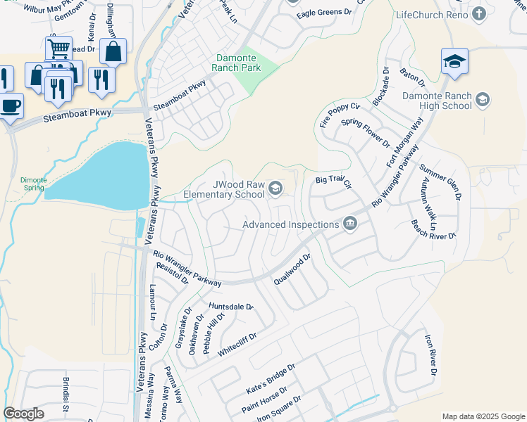 map of restaurants, bars, coffee shops, grocery stores, and more near 10616 Foxberry Park Drive in Reno