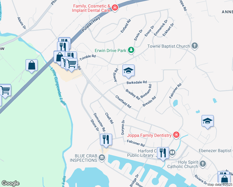 map of restaurants, bars, coffee shops, grocery stores, and more near 829 Chatfield Road in Joppatowne