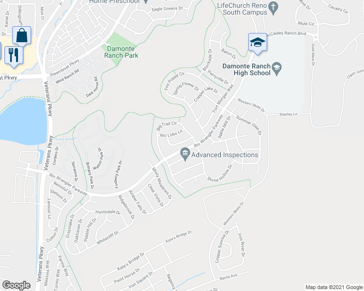 map of restaurants, bars, coffee shops, grocery stores, and more near 2366 Clementine Lane in Reno