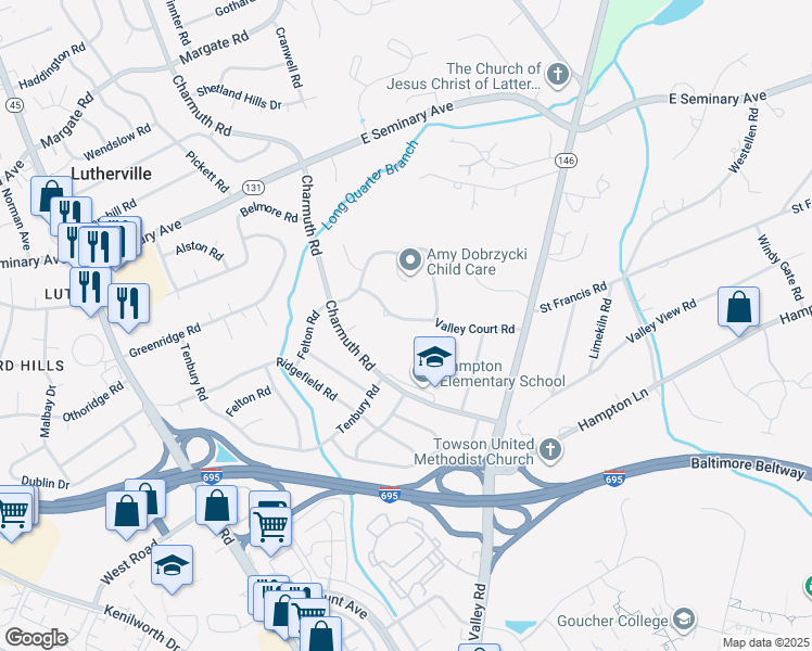 map of restaurants, bars, coffee shops, grocery stores, and more near 315 Valley Court Road in Timonium