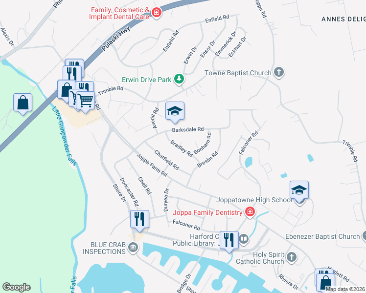 map of restaurants, bars, coffee shops, grocery stores, and more near 813 Bradley Road in Harford County