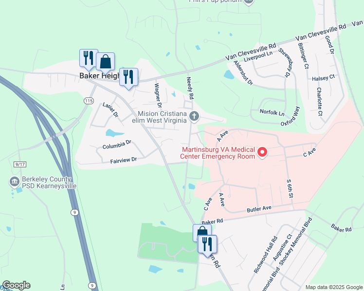 map of restaurants, bars, coffee shops, grocery stores, and more near 281 Needy Road in Martinsburg