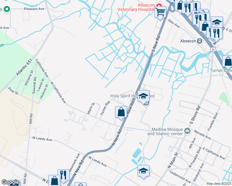 map of restaurants, bars, coffee shops, grocery stores, and more near 10 Oyster Bay in Absecon