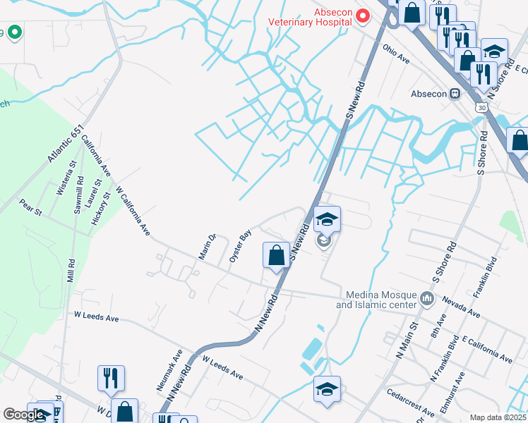 map of restaurants, bars, coffee shops, grocery stores, and more near 13 Oyster Bay in Absecon