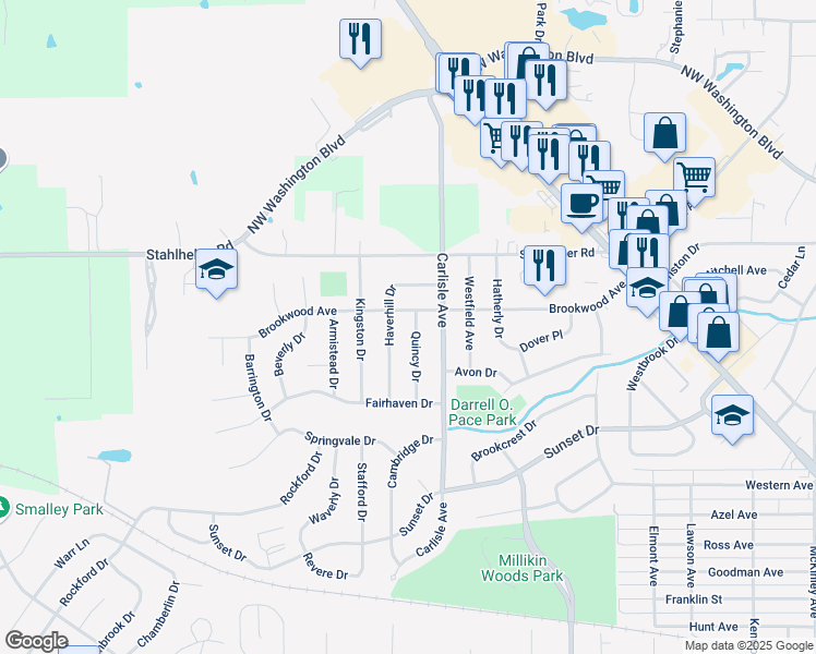 map of restaurants, bars, coffee shops, grocery stores, and more near 975 Quincy Dr in Hamilton