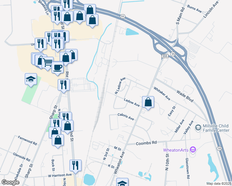 map of restaurants, bars, coffee shops, grocery stores, and more near 22 Ladow Avenue in Millville
