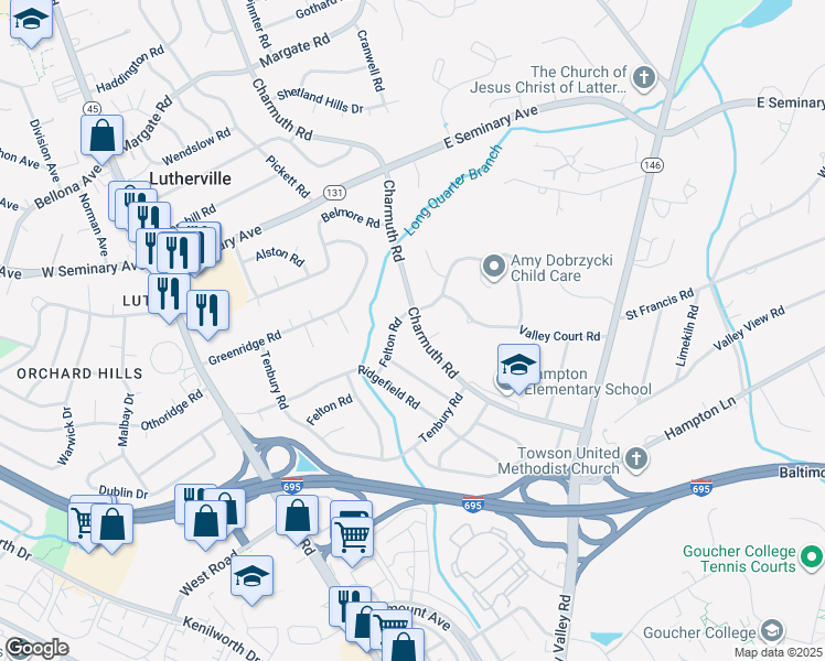 map of restaurants, bars, coffee shops, grocery stores, and more near 1226 Charmuth Road in Timonium