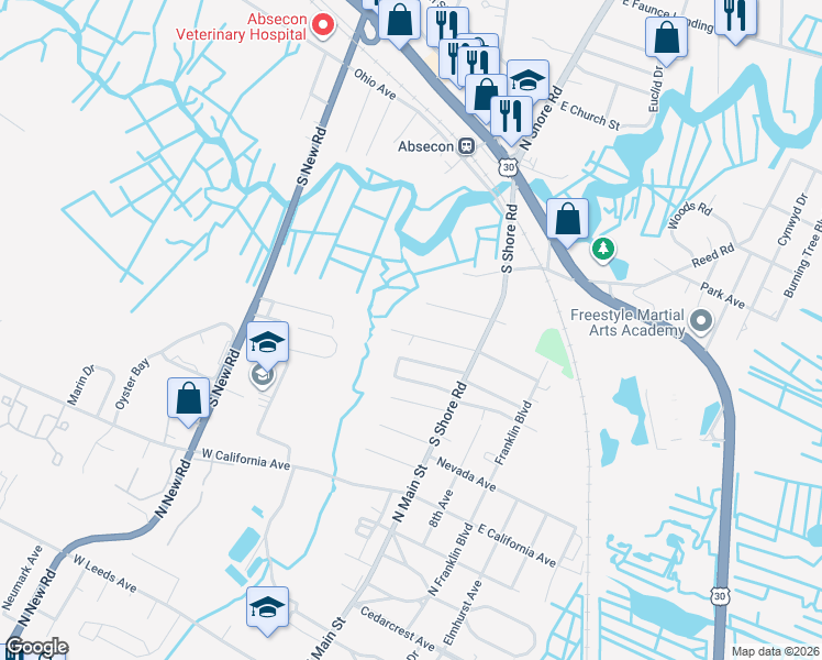 map of restaurants, bars, coffee shops, grocery stores, and more near 48 West Bolton Avenue in Absecon