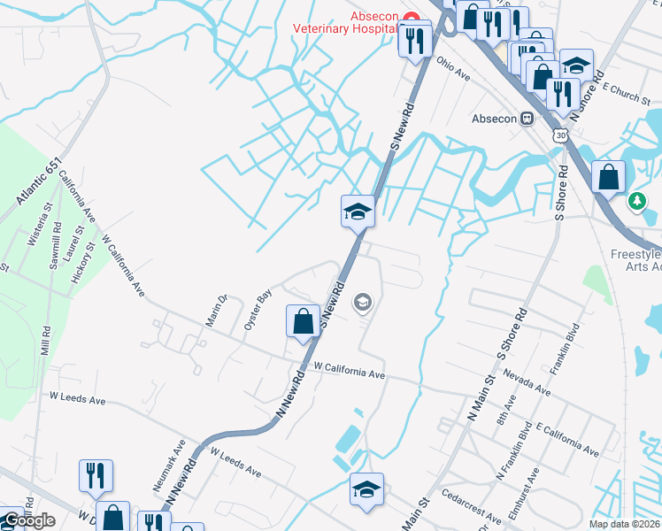 map of restaurants, bars, coffee shops, grocery stores, and more near 13 Oyster Bay in Absecon