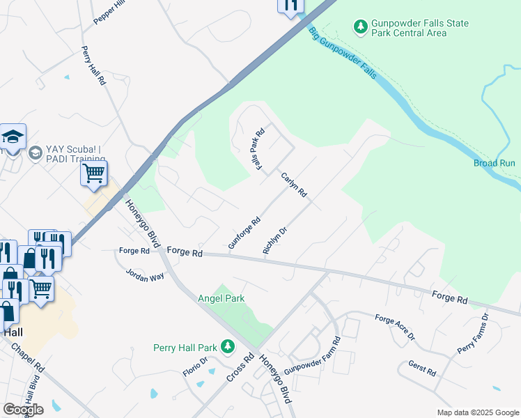 map of restaurants, bars, coffee shops, grocery stores, and more near 9818 Gunforge Road in Perry Hall