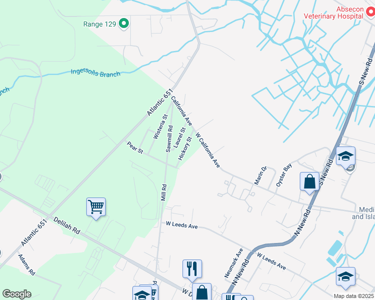 map of restaurants, bars, coffee shops, grocery stores, and more near 106 Hickory Street in Egg Harbor Township