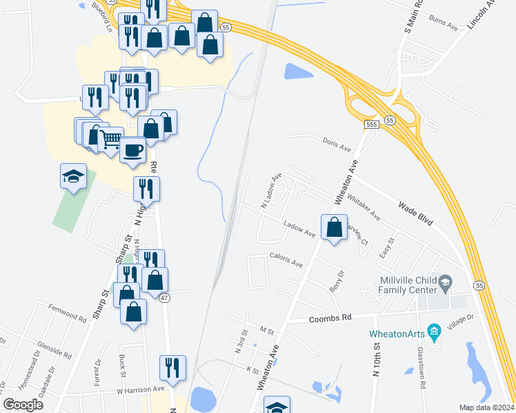 map of restaurants, bars, coffee shops, grocery stores, and more near 22 Ladow Avenue in Millville