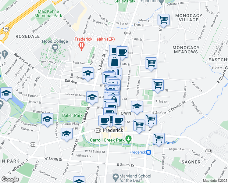 map of restaurants, bars, coffee shops, grocery stores, and more near 343 North Market Street in Frederick