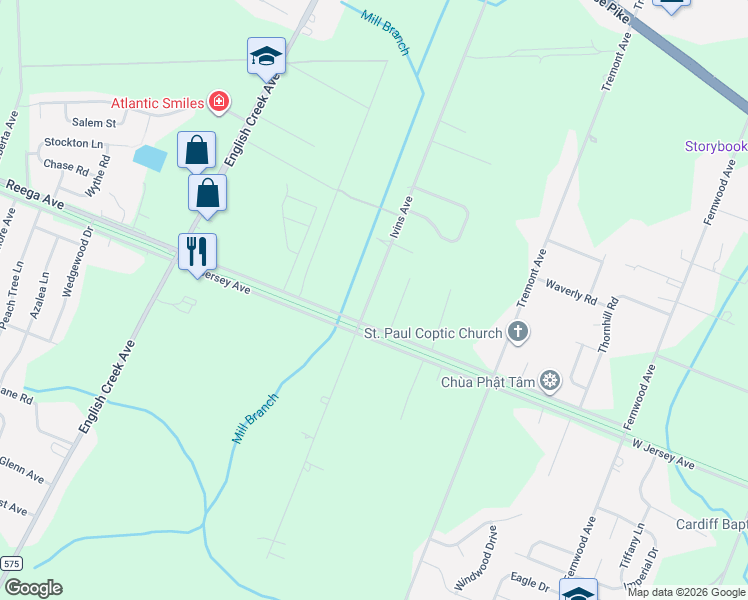 map of restaurants, bars, coffee shops, grocery stores, and more near 3090 Ivins Avenue in Egg Harbor Township