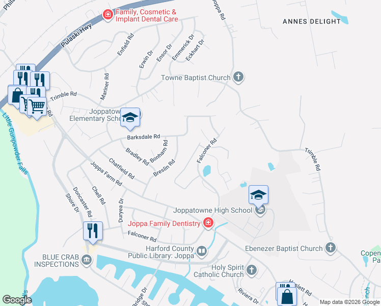 map of restaurants, bars, coffee shops, grocery stores, and more near 566 Macintosh Circle in Joppatowne