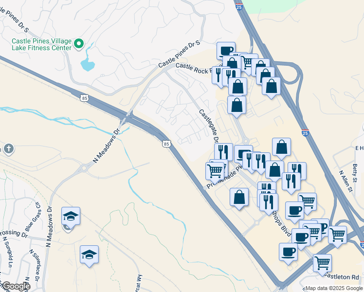 map of restaurants, bars, coffee shops, grocery stores, and more near 6013 Castlegate Drive West in Castle Rock