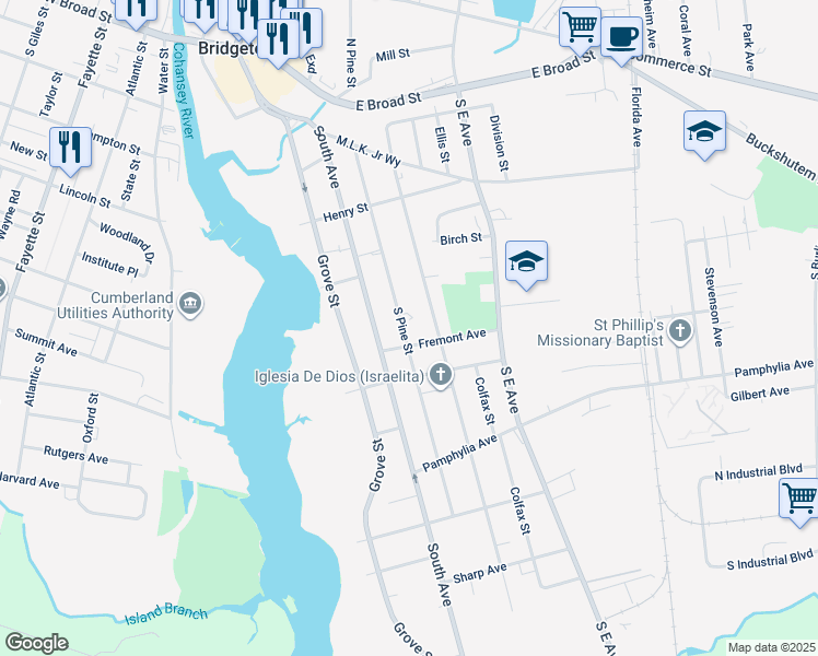 map of restaurants, bars, coffee shops, grocery stores, and more near 206 South Pine Street in Bridgeton