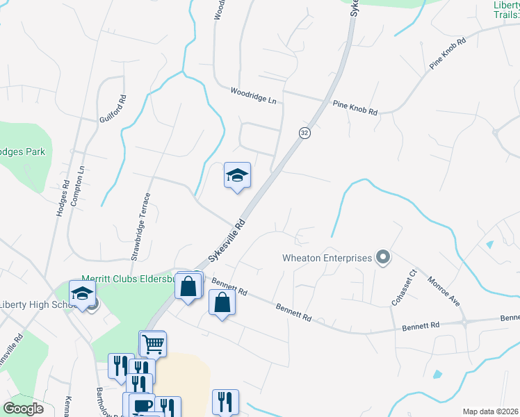map of restaurants, bars, coffee shops, grocery stores, and more near 5627 Sykesville Road in Eldersburg