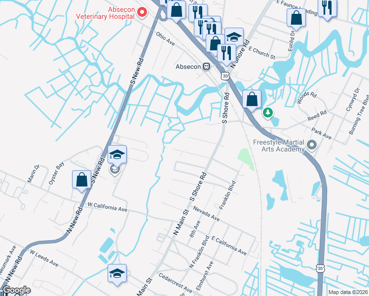 map of restaurants, bars, coffee shops, grocery stores, and more near 48 West Bolton Avenue in Absecon