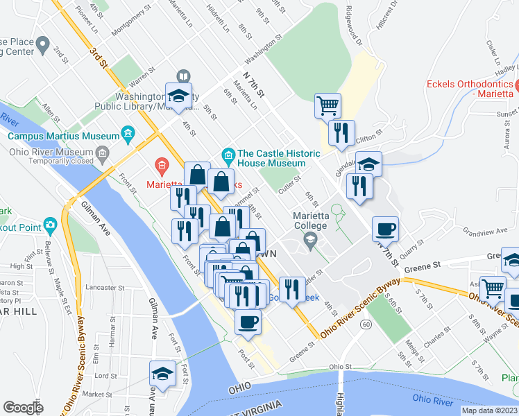 map of restaurants, bars, coffee shops, grocery stores, and more near 323 4th Street in Marietta