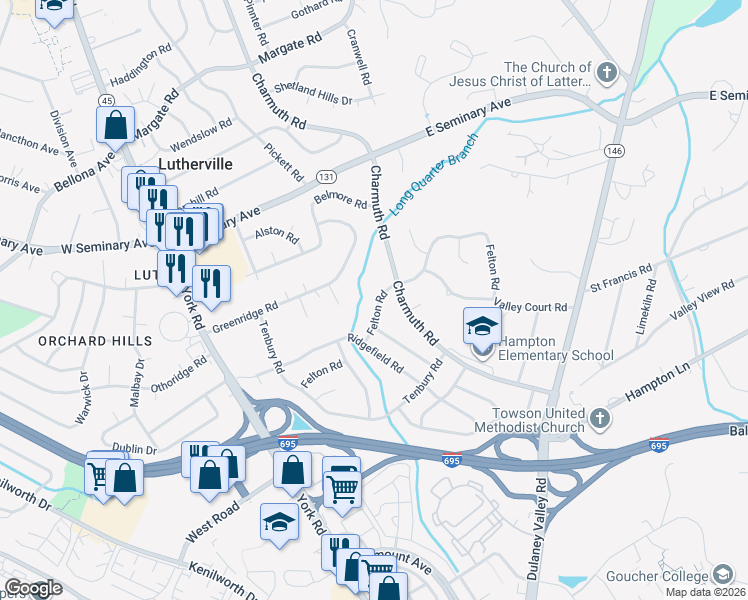 map of restaurants, bars, coffee shops, grocery stores, and more near 112 Felton Road in Lutherville-Timonium