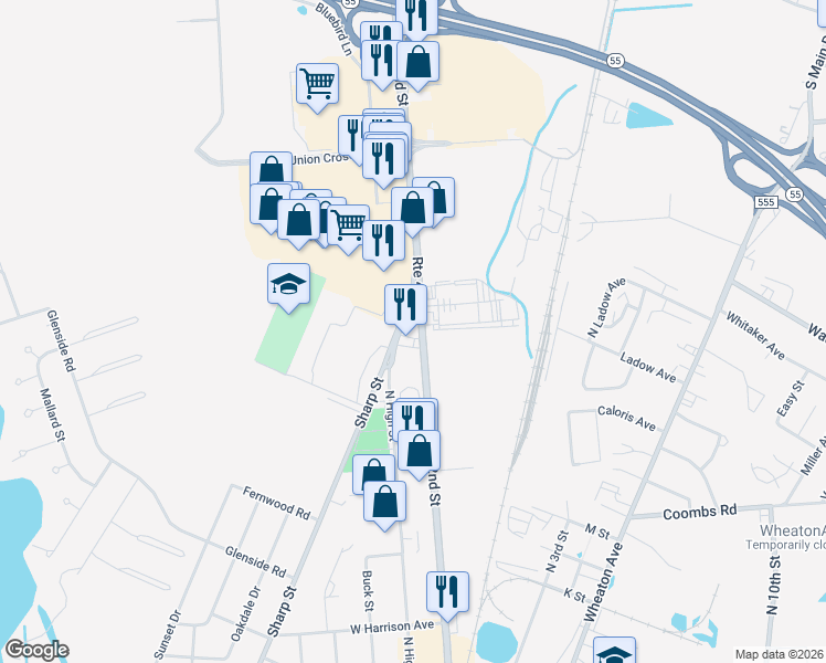 map of restaurants, bars, coffee shops, grocery stores, and more near 1913 North High Street in Millville