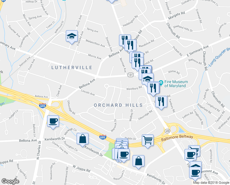 map of restaurants, bars, coffee shops, grocery stores, and more near 1325 Burleigh Road in Lutherville-Timonium