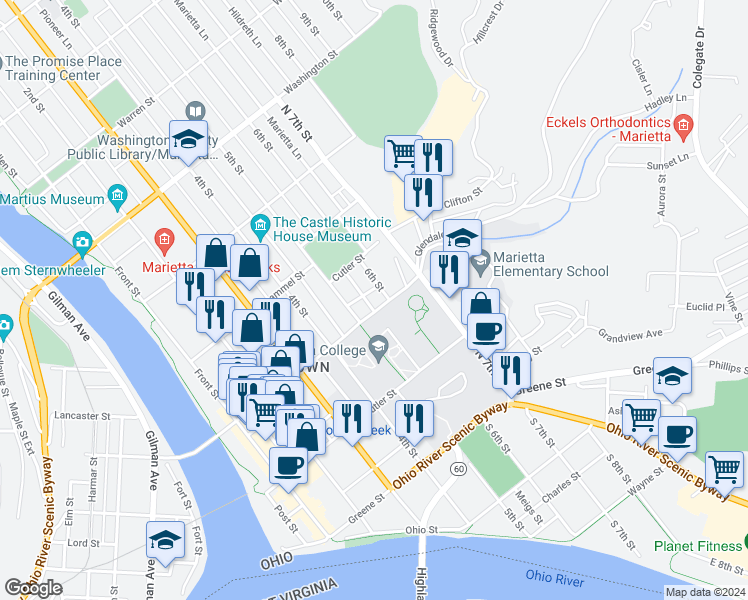 map of restaurants, bars, coffee shops, grocery stores, and more near 511 Putnam Street in Marietta