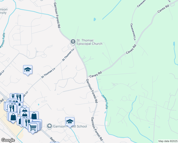 map of restaurants, bars, coffee shops, grocery stores, and more near 505 Garrison Forest Road in Owings Mills