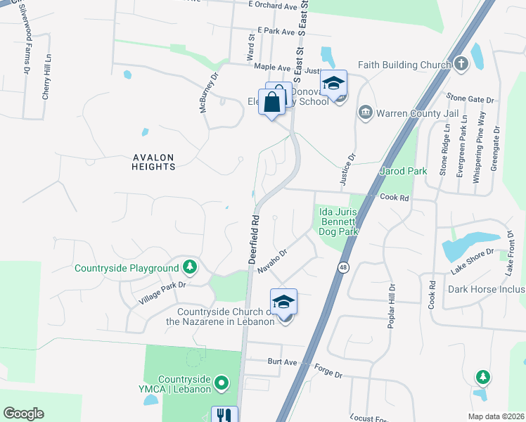 map of restaurants, bars, coffee shops, grocery stores, and more near 1120 Deerfield Road in Lebanon