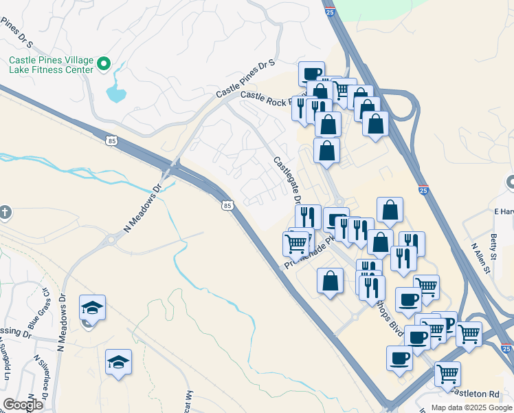 map of restaurants, bars, coffee shops, grocery stores, and more near 6013 Castlegate Drive West in Castle Rock