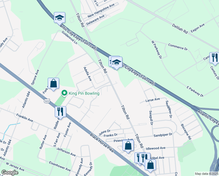 map of restaurants, bars, coffee shops, grocery stores, and more near 3 Country Spruce Lane in Egg Harbor Township