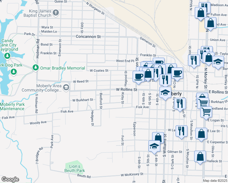 map of restaurants, bars, coffee shops, grocery stores, and more near 724 West Rollins Street in Moberly
