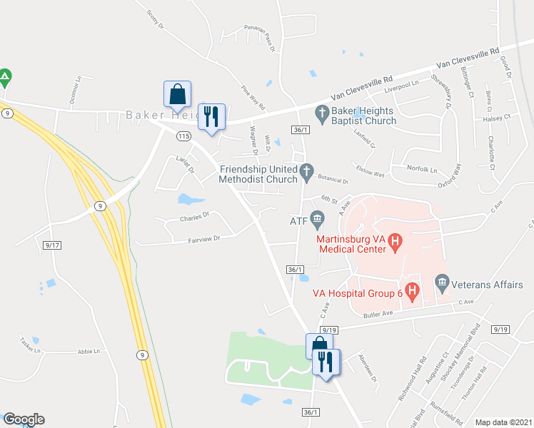 map of restaurants, bars, coffee shops, grocery stores, and more near 2485 Charles Town Road in Kearneysville