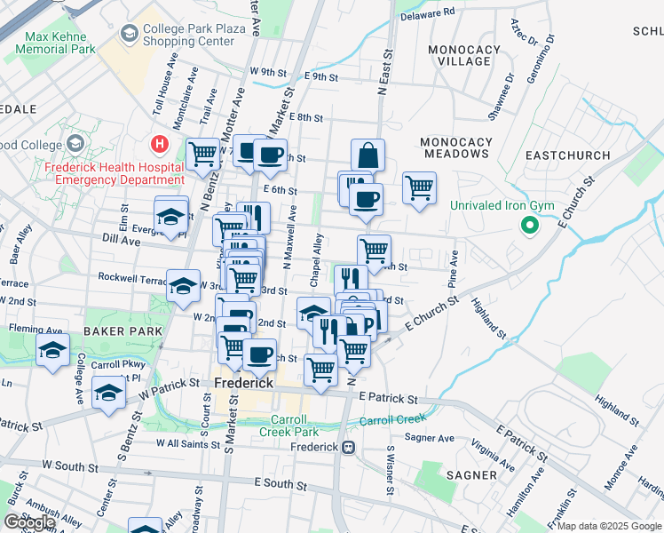 map of restaurants, bars, coffee shops, grocery stores, and more near 216 East 4th Street in Frederick