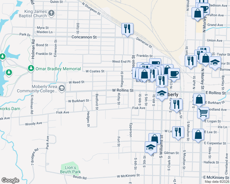 map of restaurants, bars, coffee shops, grocery stores, and more near 724 West Rollins Street in Moberly