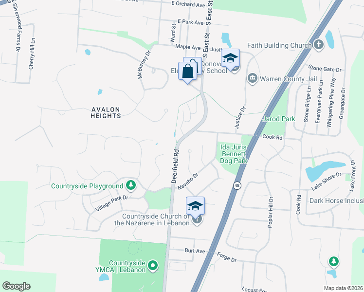 map of restaurants, bars, coffee shops, grocery stores, and more near 1120 Deerfield Road in Lebanon