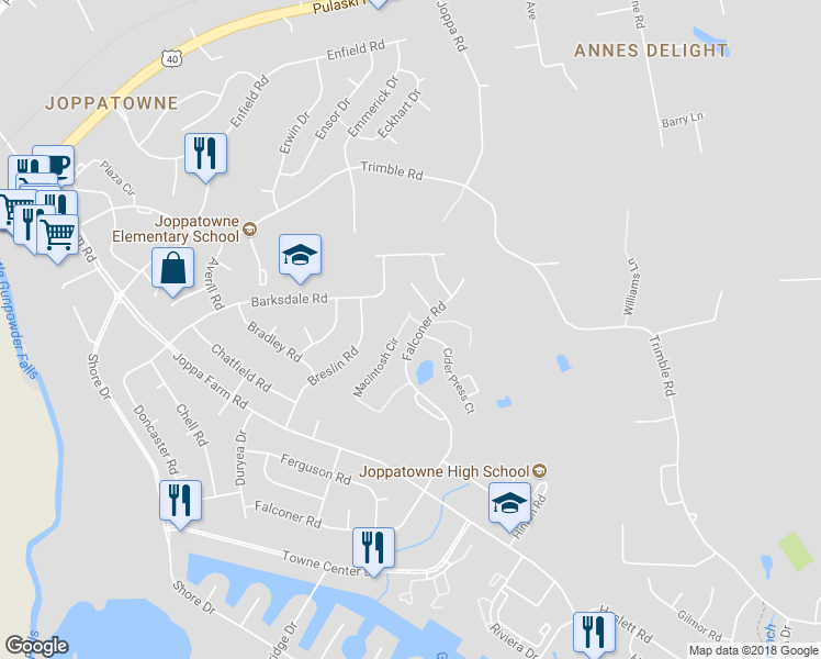 map of restaurants, bars, coffee shops, grocery stores, and more near 581 Macintosh Circle in Joppa