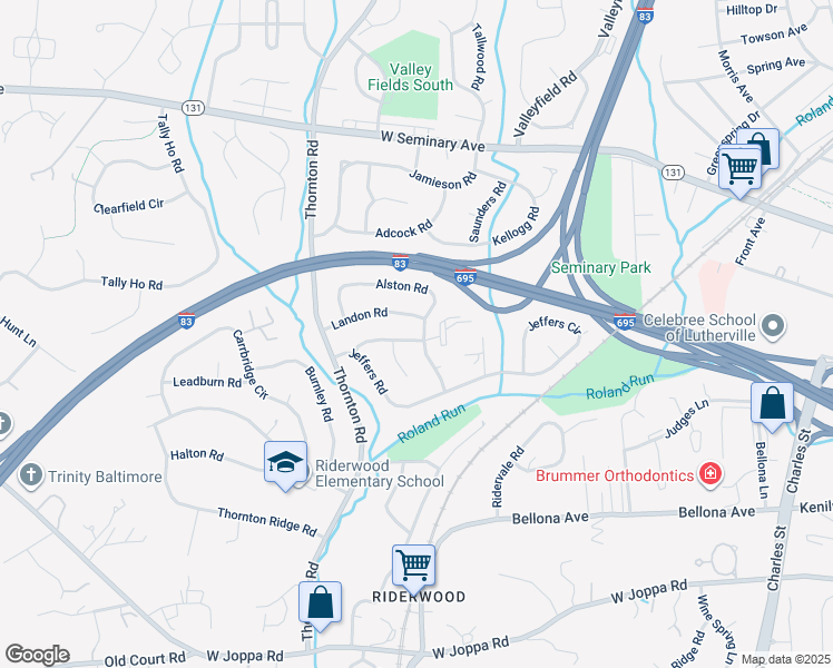 map of restaurants, bars, coffee shops, grocery stores, and more near 8300 Alston Road in Towson
